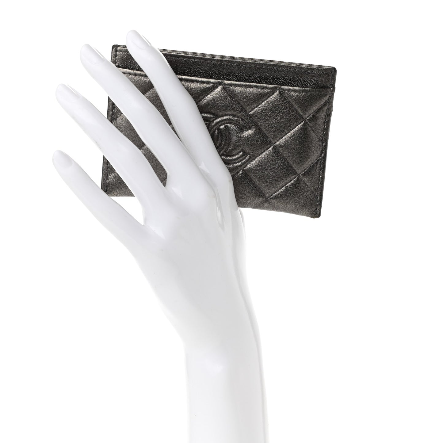 Metallic Calfskin Quilted Diamond CC Card Holder Pewter