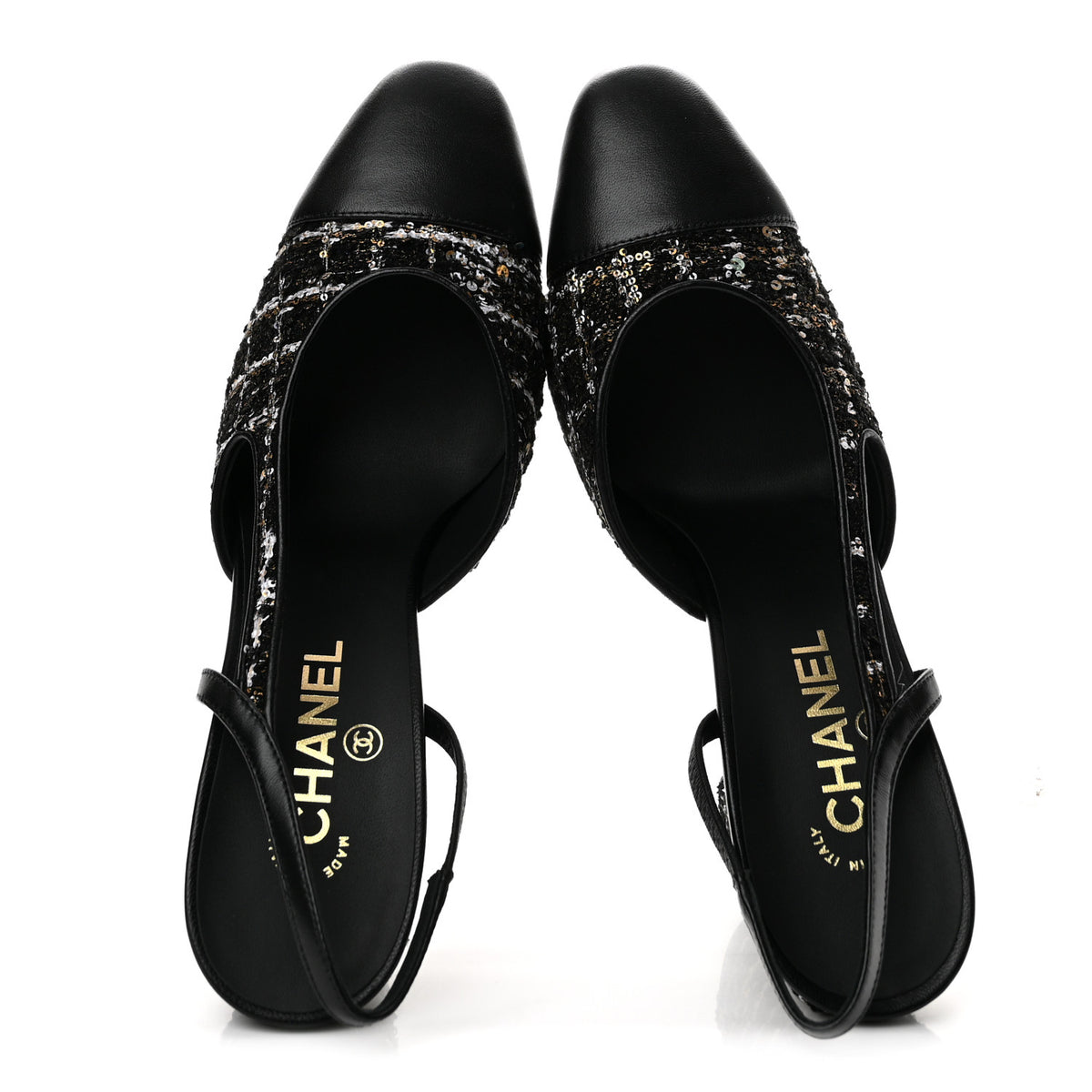 Glittered Wool Tweed Lambskin Cap Toe CC Slingback Pumps 40 Black White Gold