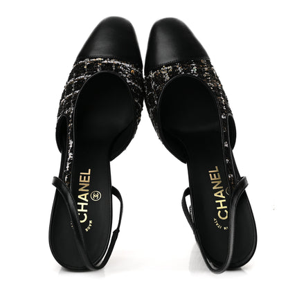 Chanel Glittered Wool Tweed Lambskin Cap Toe CC Slingback Pumps 40 Black White Gold 2 of 10