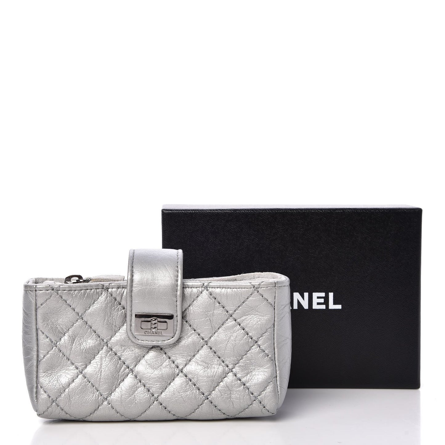 Metallic Aged Calfskin Quilted Mini Phone Holder Clutch Silver