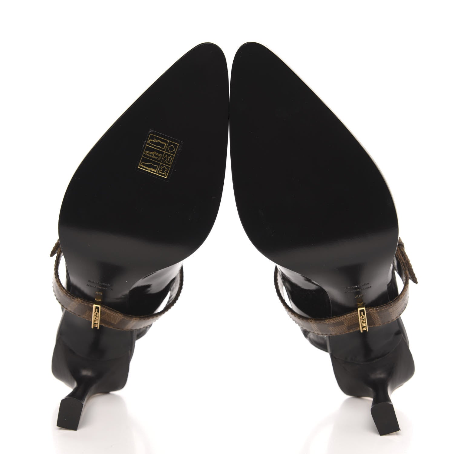 Fendi Glossy Neoprene Glazed Fabric FF FFrame Court Mary Jane Slingback Pumps 37 Black Tobacco Moro 5 of 7