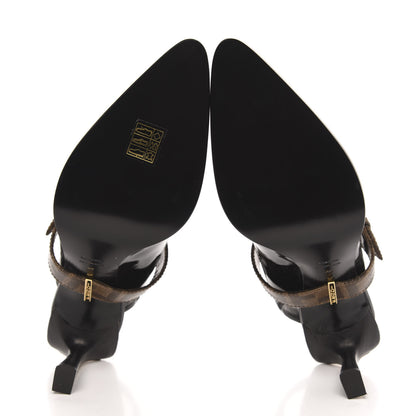 Fendi Glossy Neoprene Glazed Fabric FF FFrame Court Mary Jane Slingback Pumps 37 Black Tobacco Moro 5 of 7