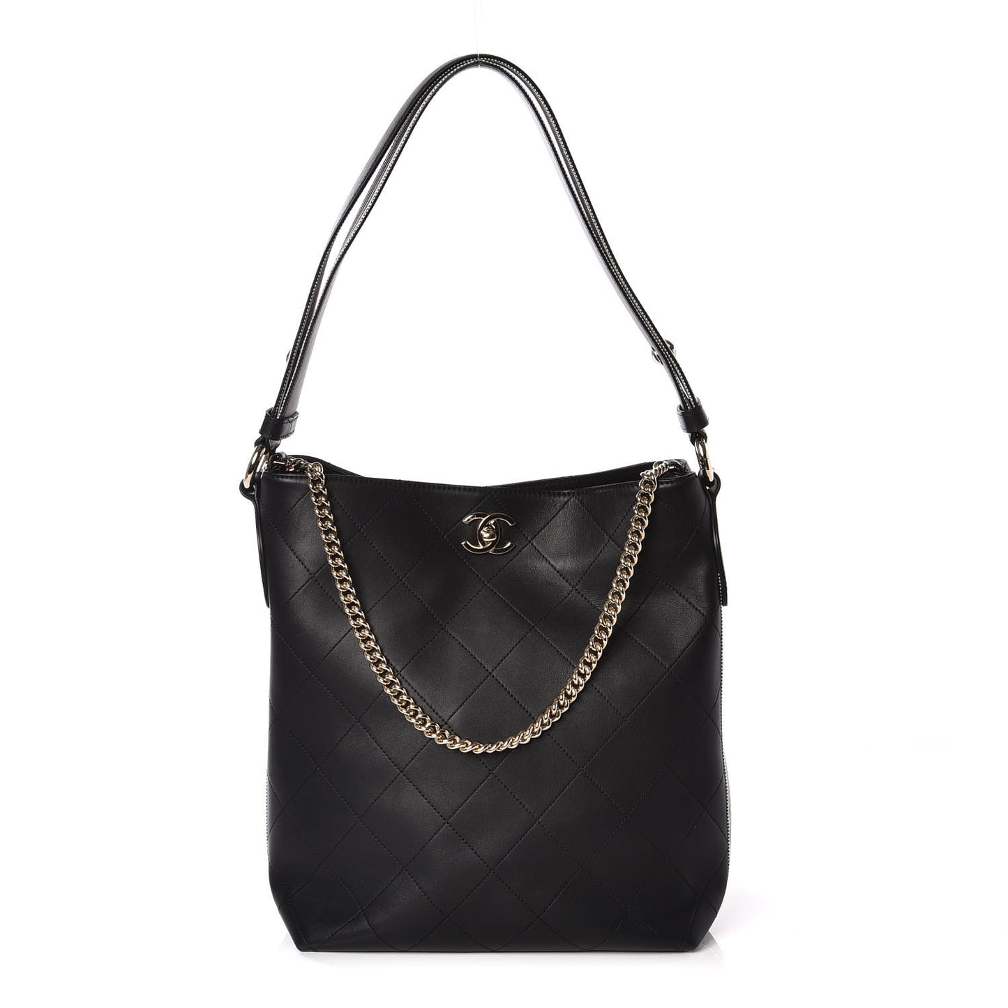 Calfskin Stitched Large Button Up Hobo Black