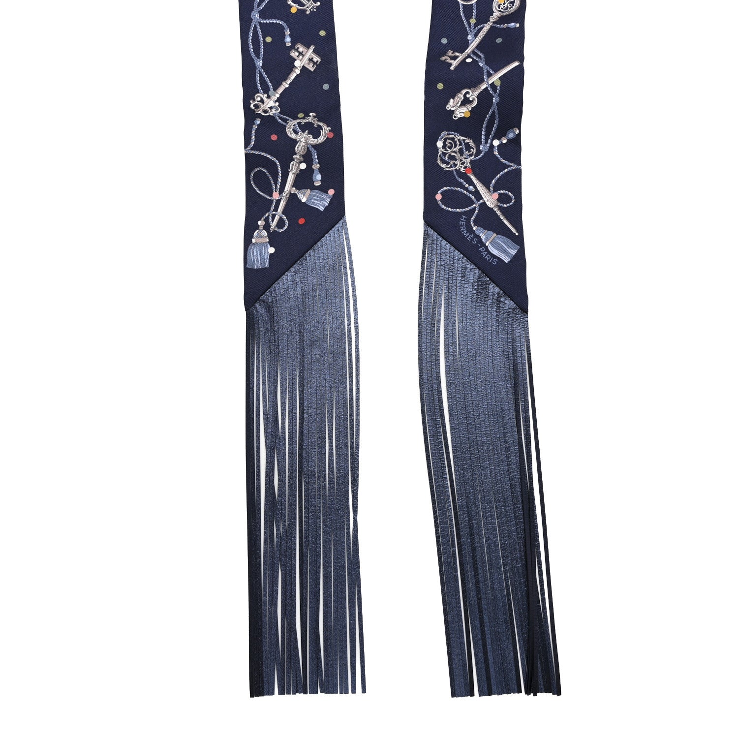 Hermes Silk Metallic Agneau Les Cles A Pois Fringed Twilly Bleu Marine Gris Argent Multicolor 4 of 4
