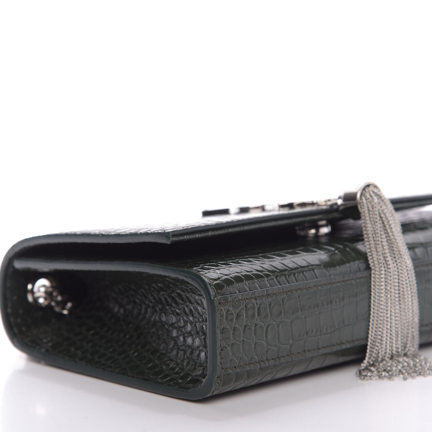 Calfskin Crocodile Embossed Small Classic Monogram Kate Tassel Satchel Dark Green