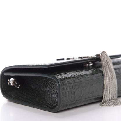 Saint Laurent Calfskin Crocodile Embossed Small Classic Monogram Kate Tassel Satchel Dark Green 6 of 8