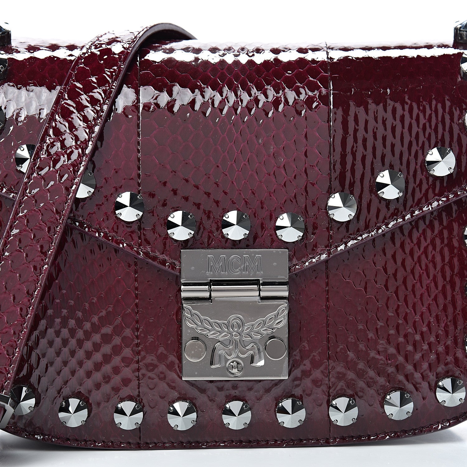 MCM Snakeskin Embossed Patent Studded Small Patricia Crossbody Bag Very Plum 8 of 10