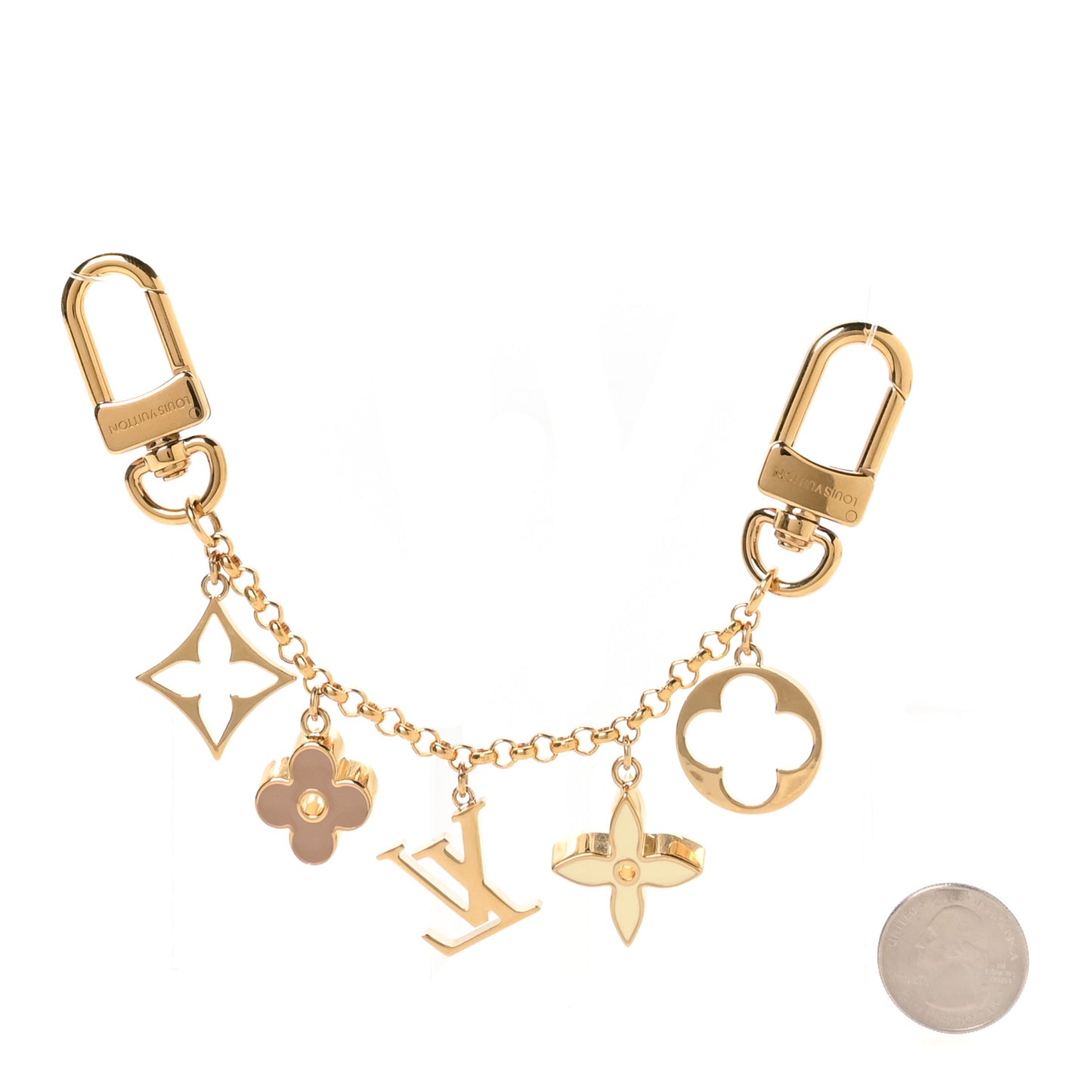 Brass Enamel Fleur De Monogram Bag Charm Chain Gold