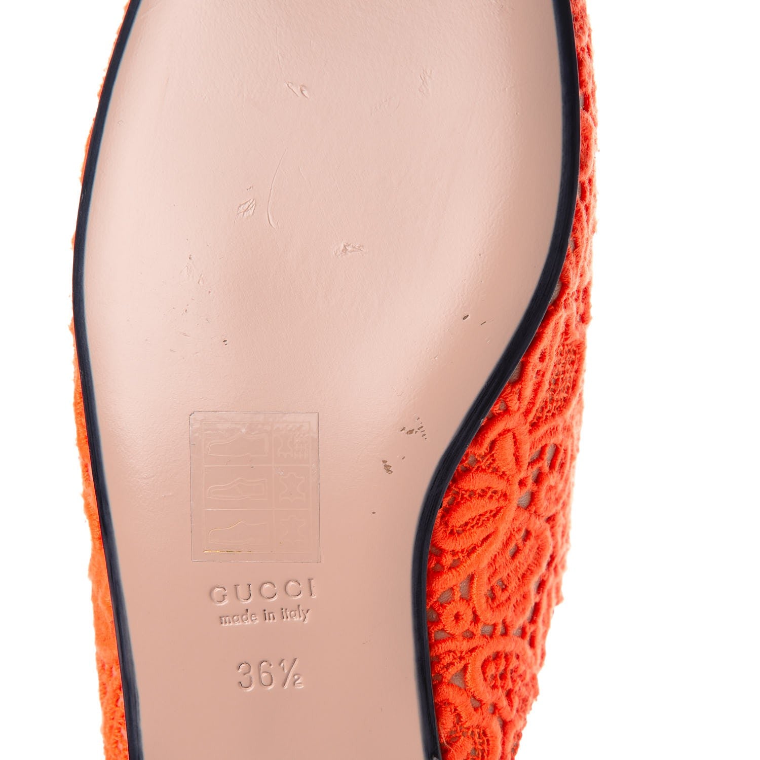 Gucci Lace Malaga Kid Womens Princetown Slippers 36.5 Orange Fluo Skin Rose 9 of 9