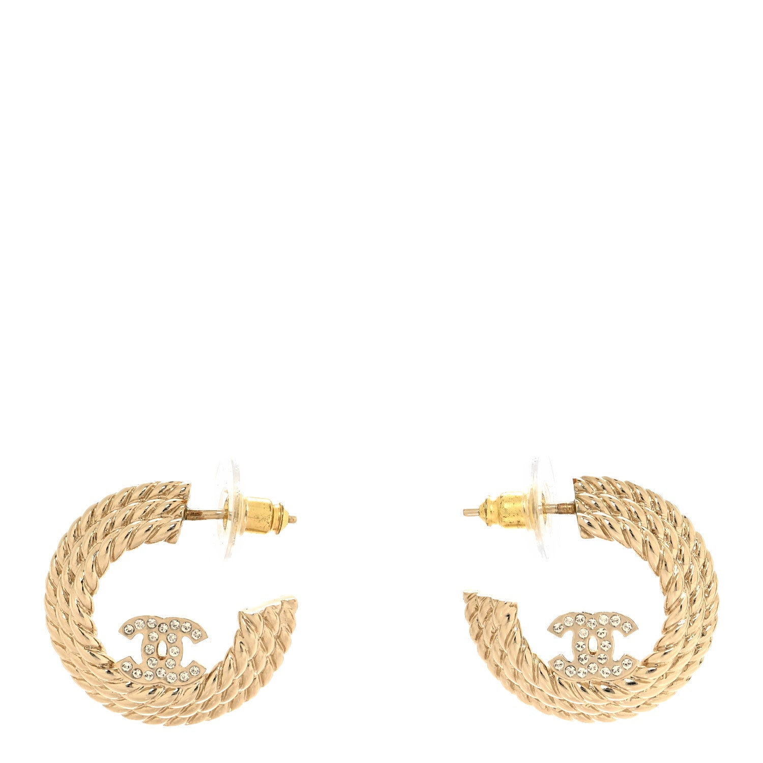 Chanel Metal Crystal CC Rope Hoop Earrings Gold 1 of 5