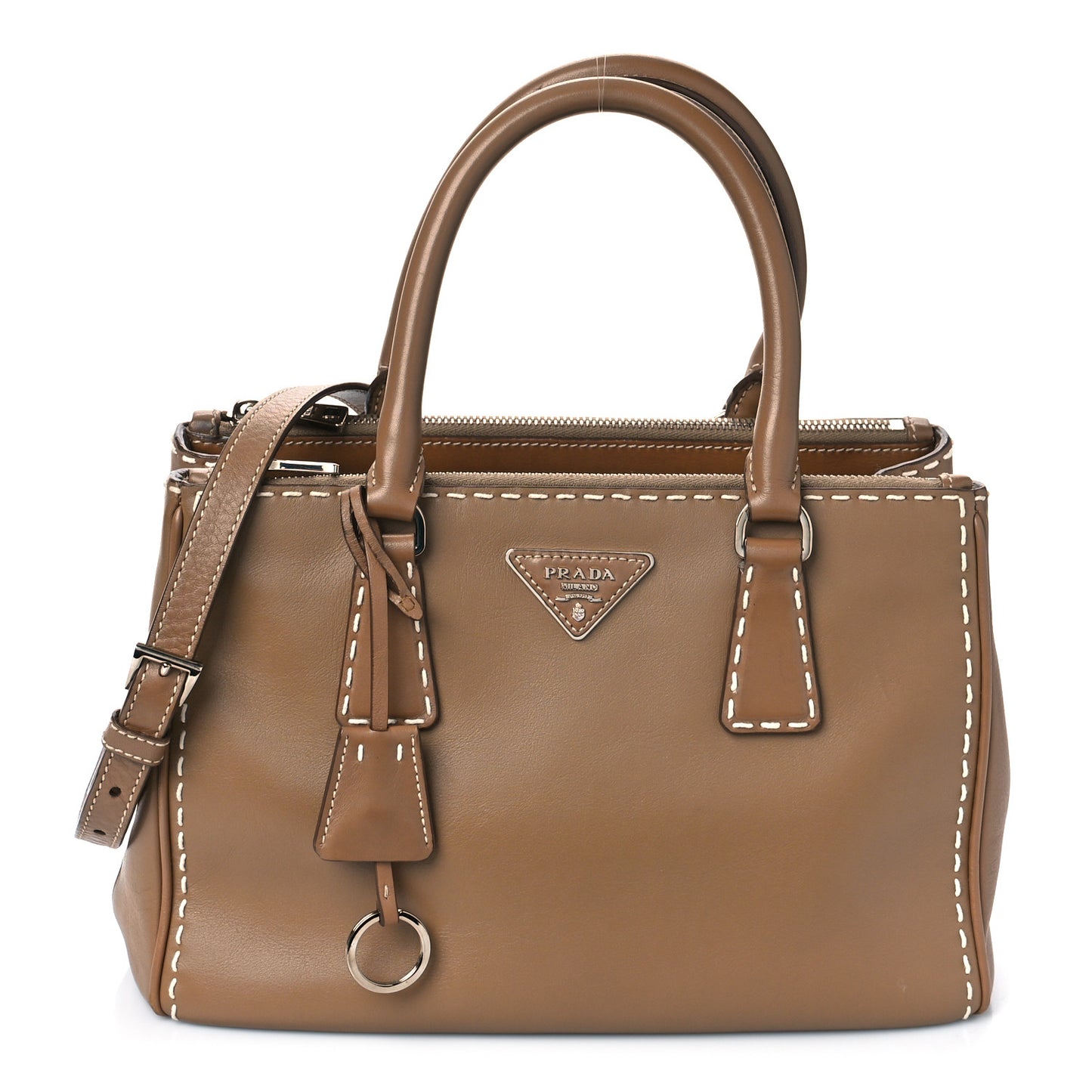 City Calf Mini Hand Stitched Galleria Double Zip Tote Caramel