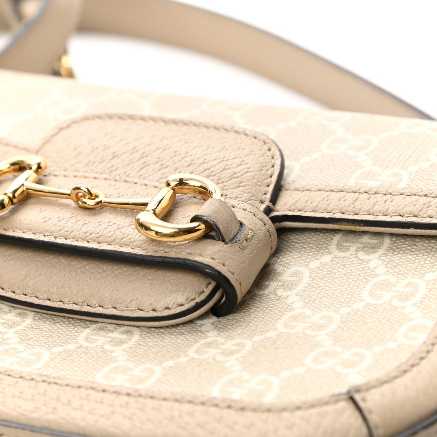 GG Supreme Monogram Textured Dollar Calfskin Web Mini Horsebit 1955 Shoulder Bag Beige Mystic White Oatmeal