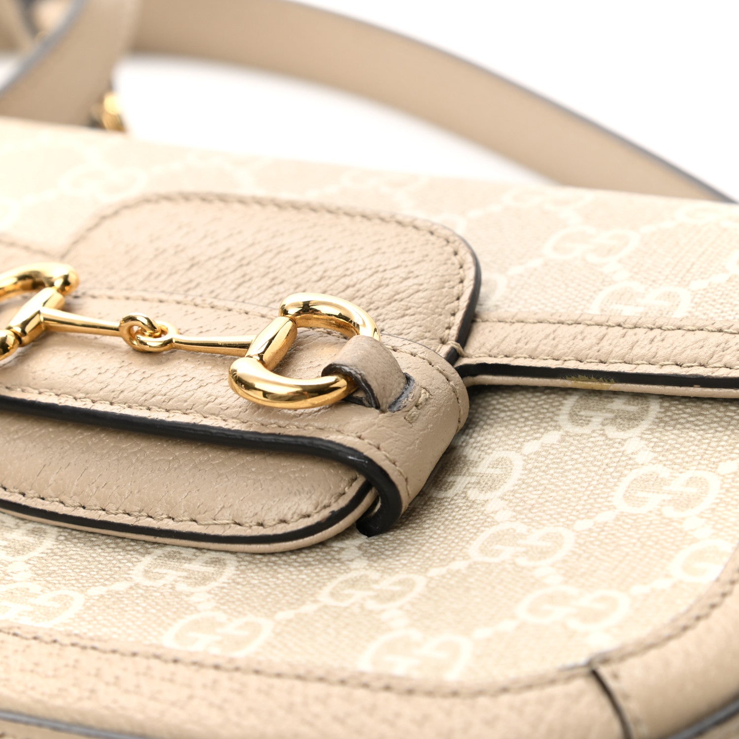Gucci GG Supreme Monogram Textured Dollar Calfskin Web Mini Horsebit 1955 Shoulder Bag Beige Mystic White Oatmeal 8 of 8
