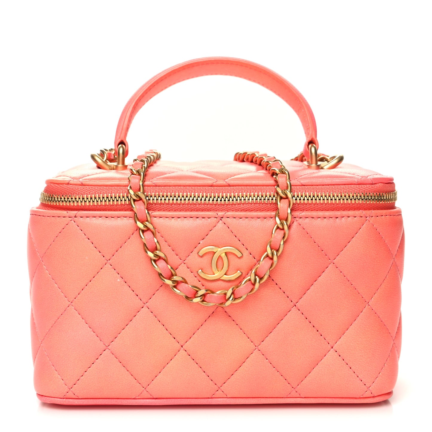 Lambskin Quilted Ombre Small Top Handle Vanity Case With Chain Coral