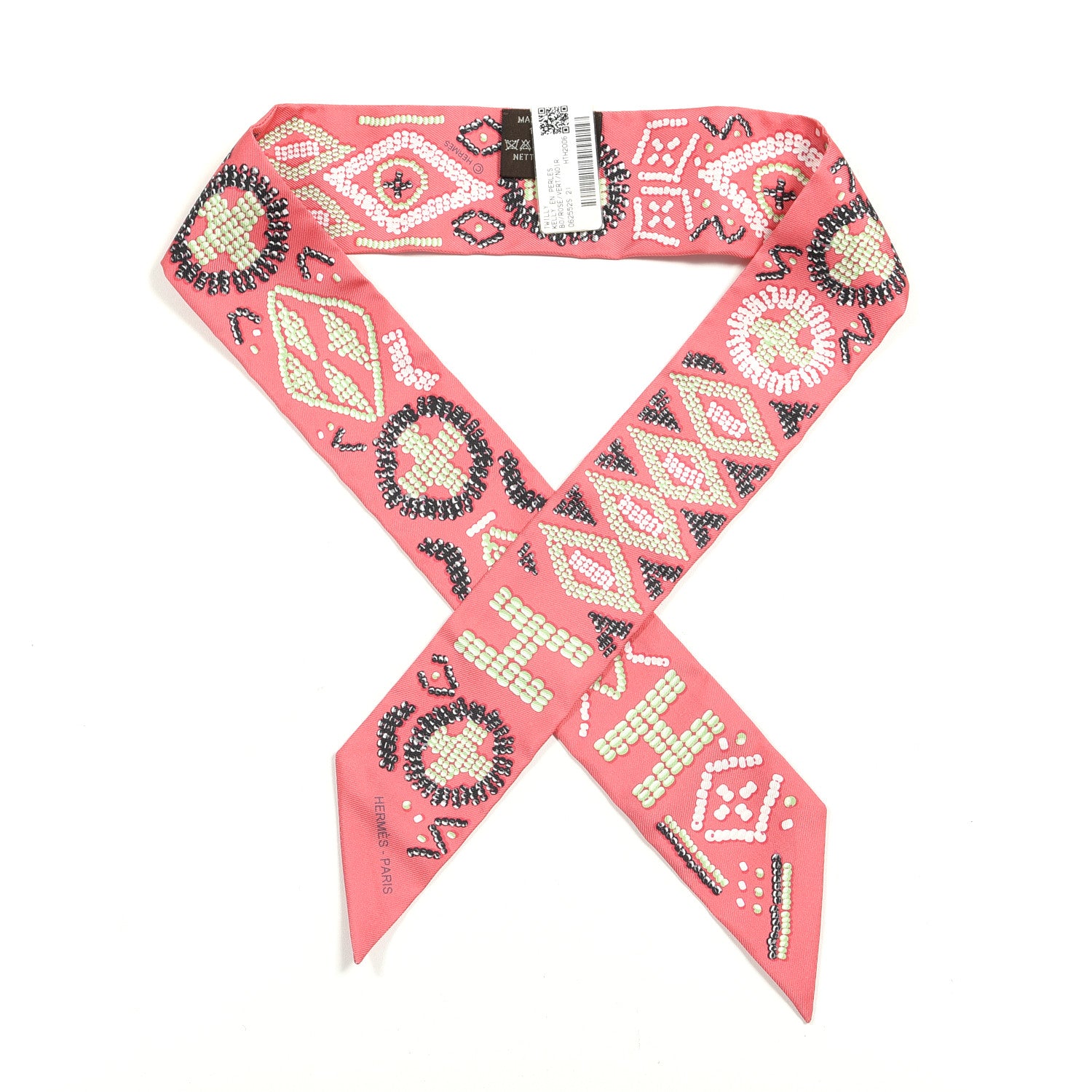 Hermes Silk Kelly En Perles Twilly Rose Vert Black 1 of 3