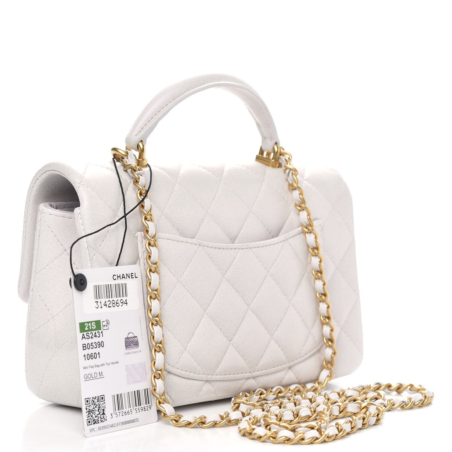 Iridescent Lambskin Quilted Mini Top Handle Rectangular Flap White