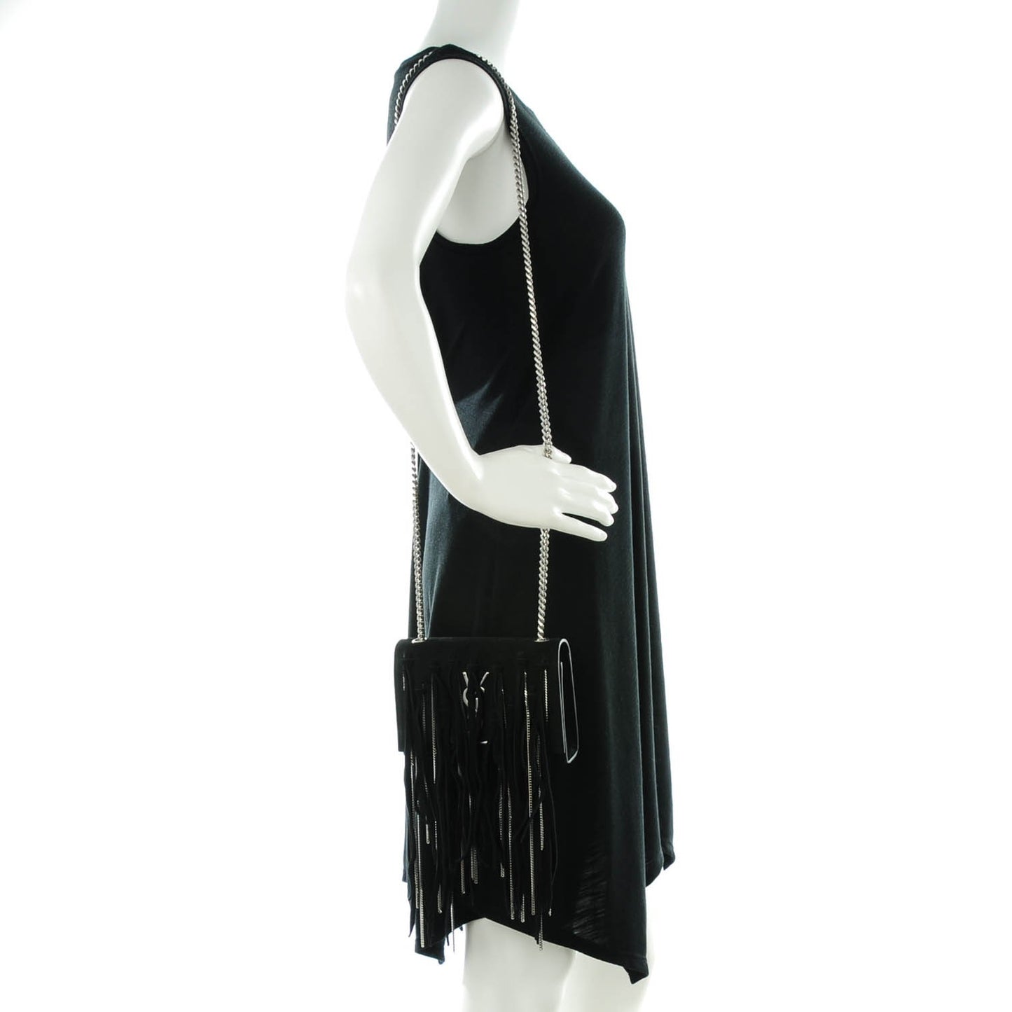 Suede Fringe Chain Small Monogram Satchel Black