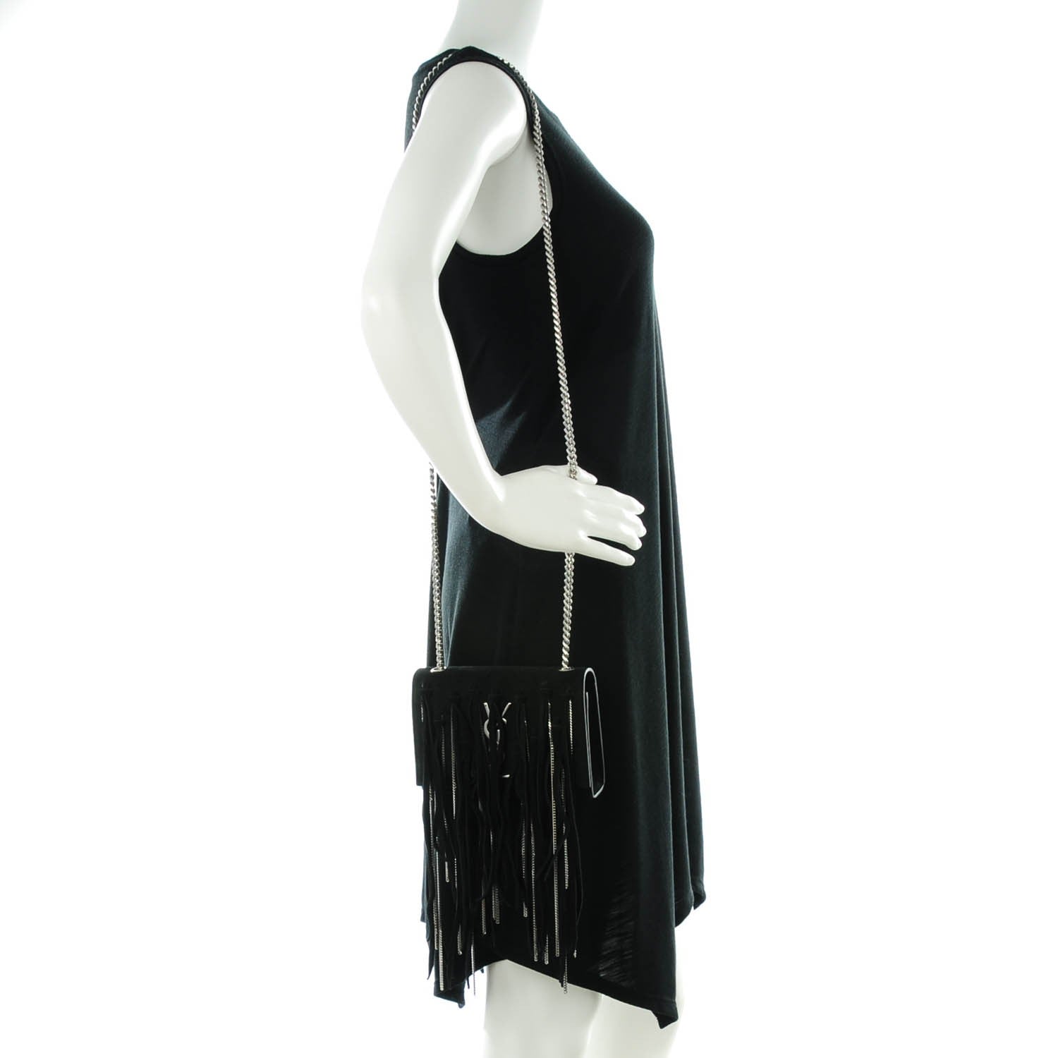 Saint Laurent Suede Fringe Chain Small Monogram Satchel Black 2 of 7