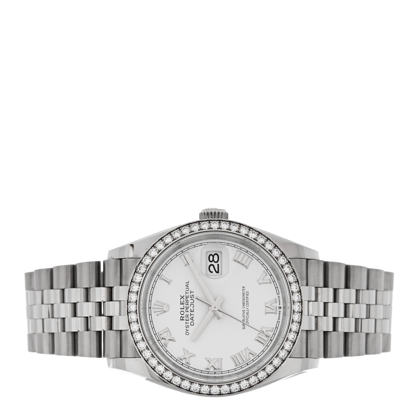 Stainless Steel 18K White Gold Diamond Bezel 36mm Oyster Perpetual Datejust Watch White 126284RBR