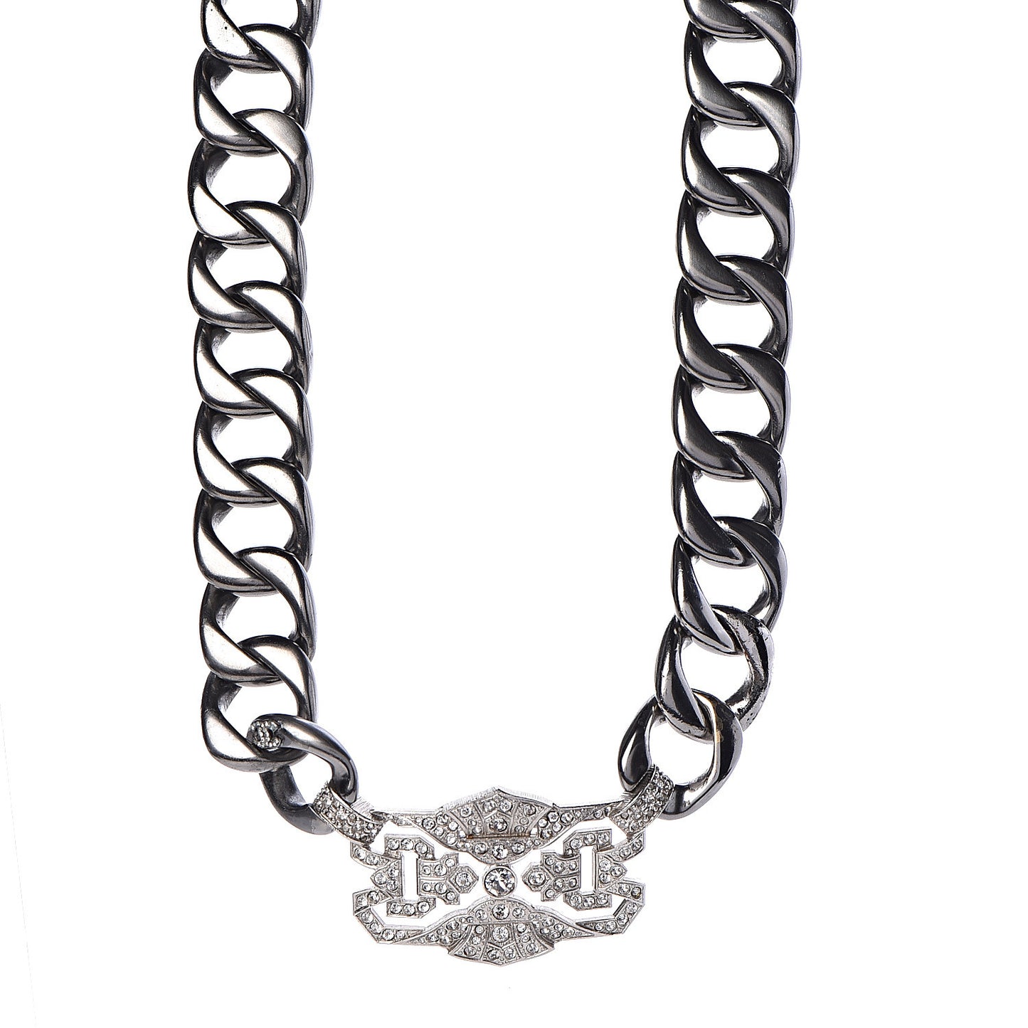 Crystal CC Chain Link Choker Necklace Dark Silver