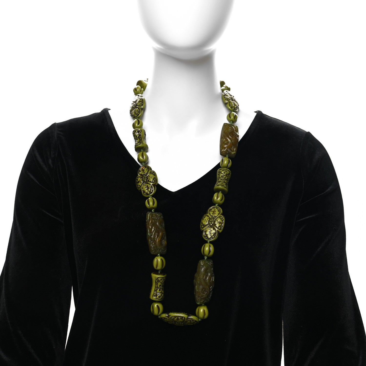Gucci Resin Carved Flower Dragon Bead Necklace Green 2 of 5