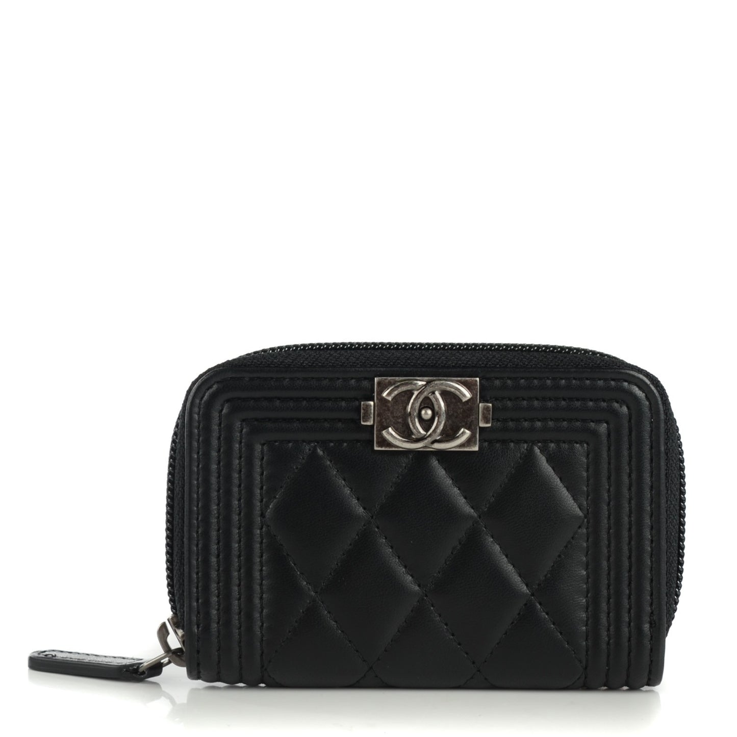 Lambskin Quilted Zip Around Boy Coin Purse Wallet Black