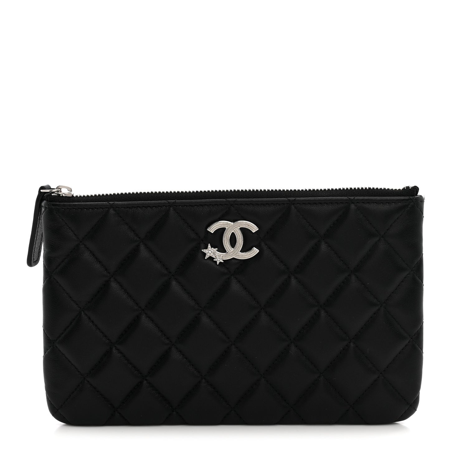 Lambskin Quilted Crystal Star Cosmetic Case Black