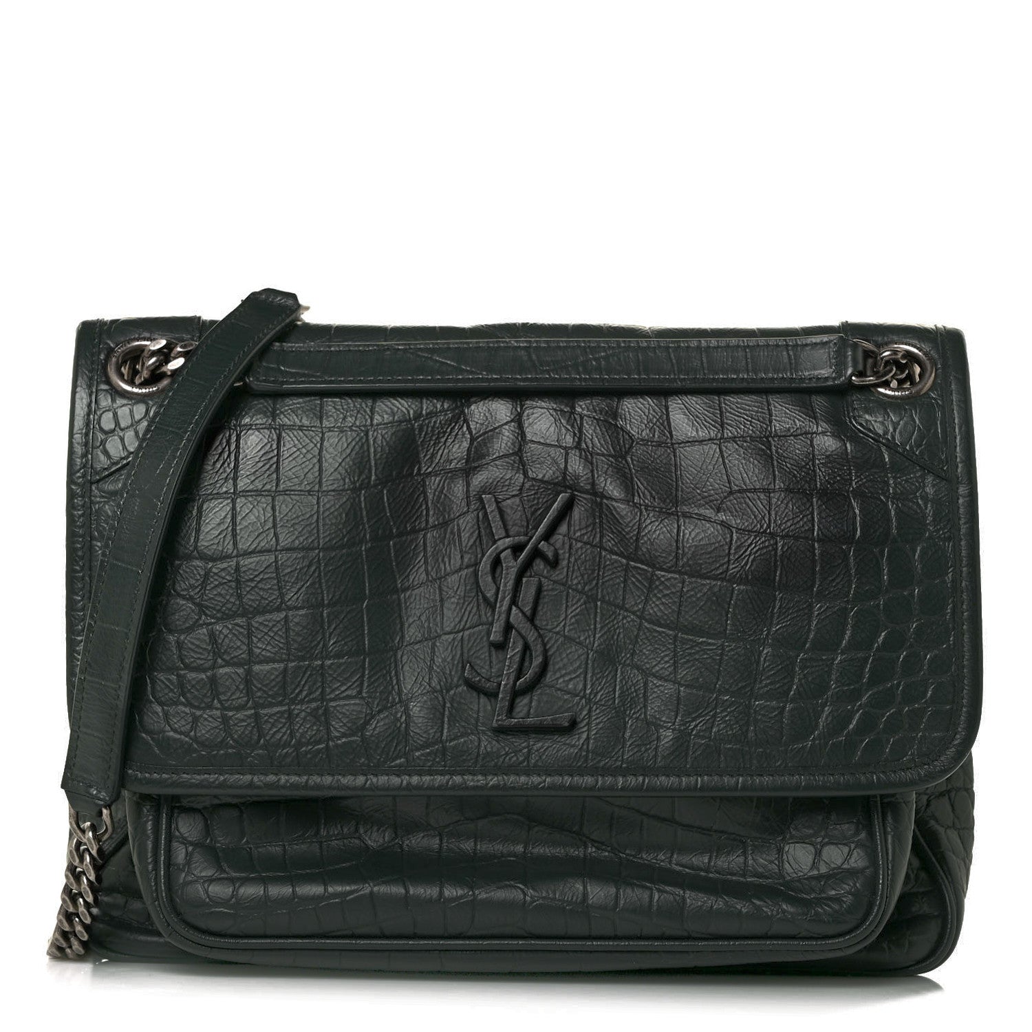 Saint Laurent Calfskin Crocodile Embossed Monogram Medium Niki Chain Satchel Algea 1 of 8