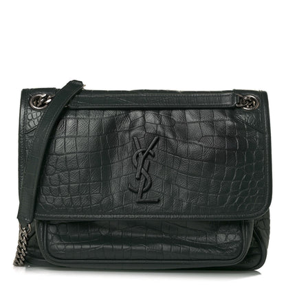 Saint Laurent Calfskin Crocodile Embossed Monogram Medium Niki Chain Satchel Algea 1 of 8
