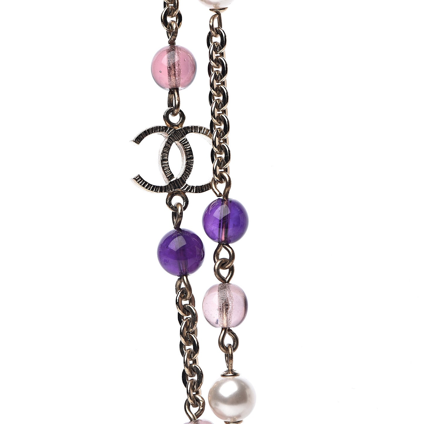 Pearl Beaded Enamel CC Long Necklace Gold Purple