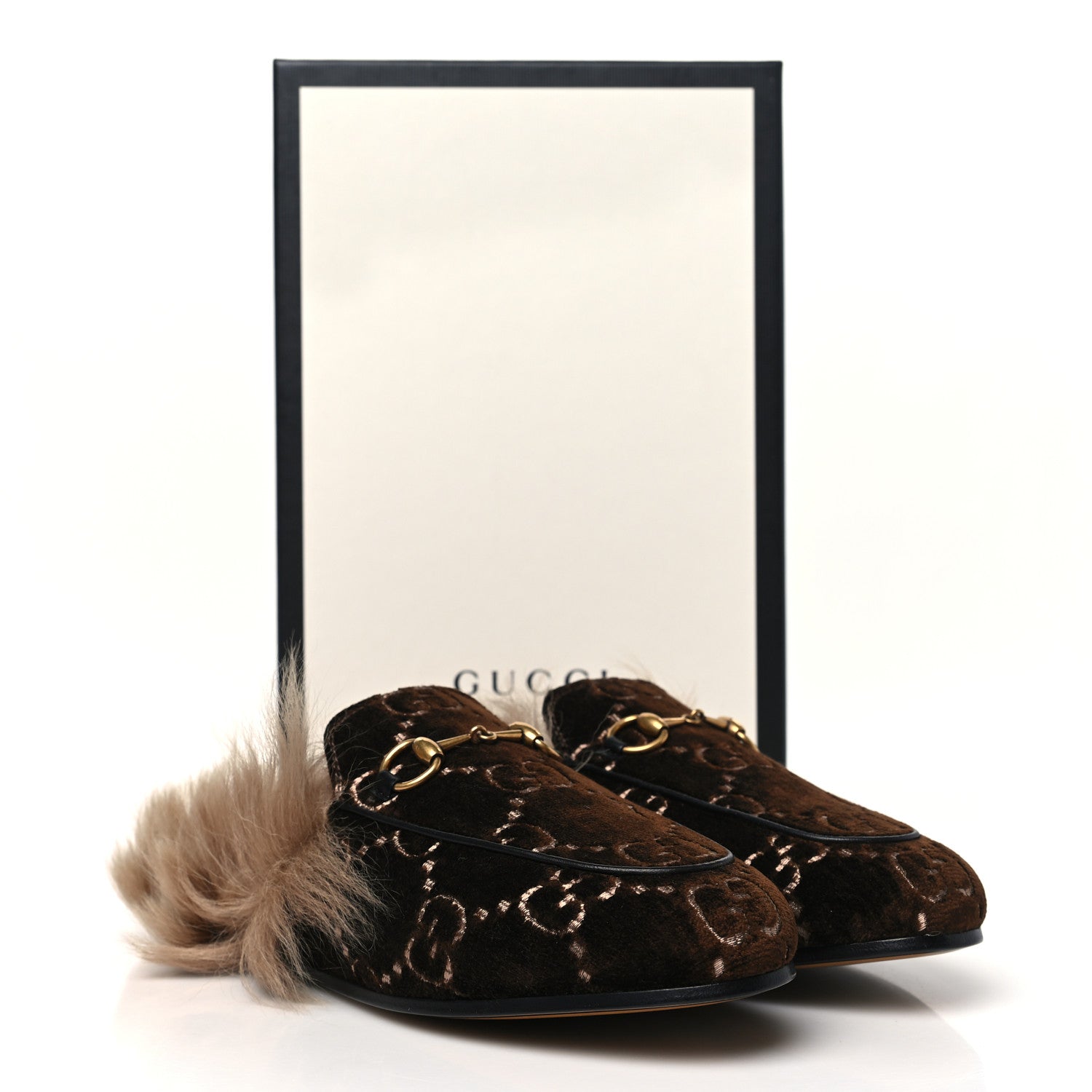 Gucci Velvet GG Monogram Fur Womens Princetown Slippers 36 Brown Black Natural 9 of 9