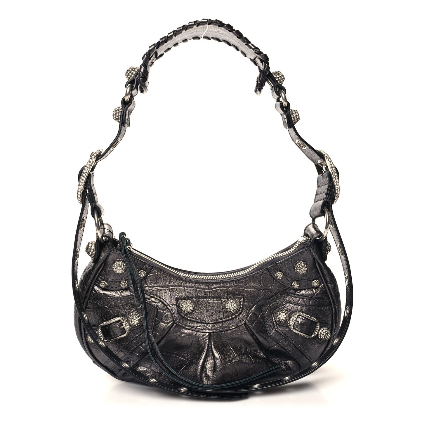 Extra Supple Calfskin Crystal Crocodile Embossed Le Cagole Shoulder Bag XS Gunmetal