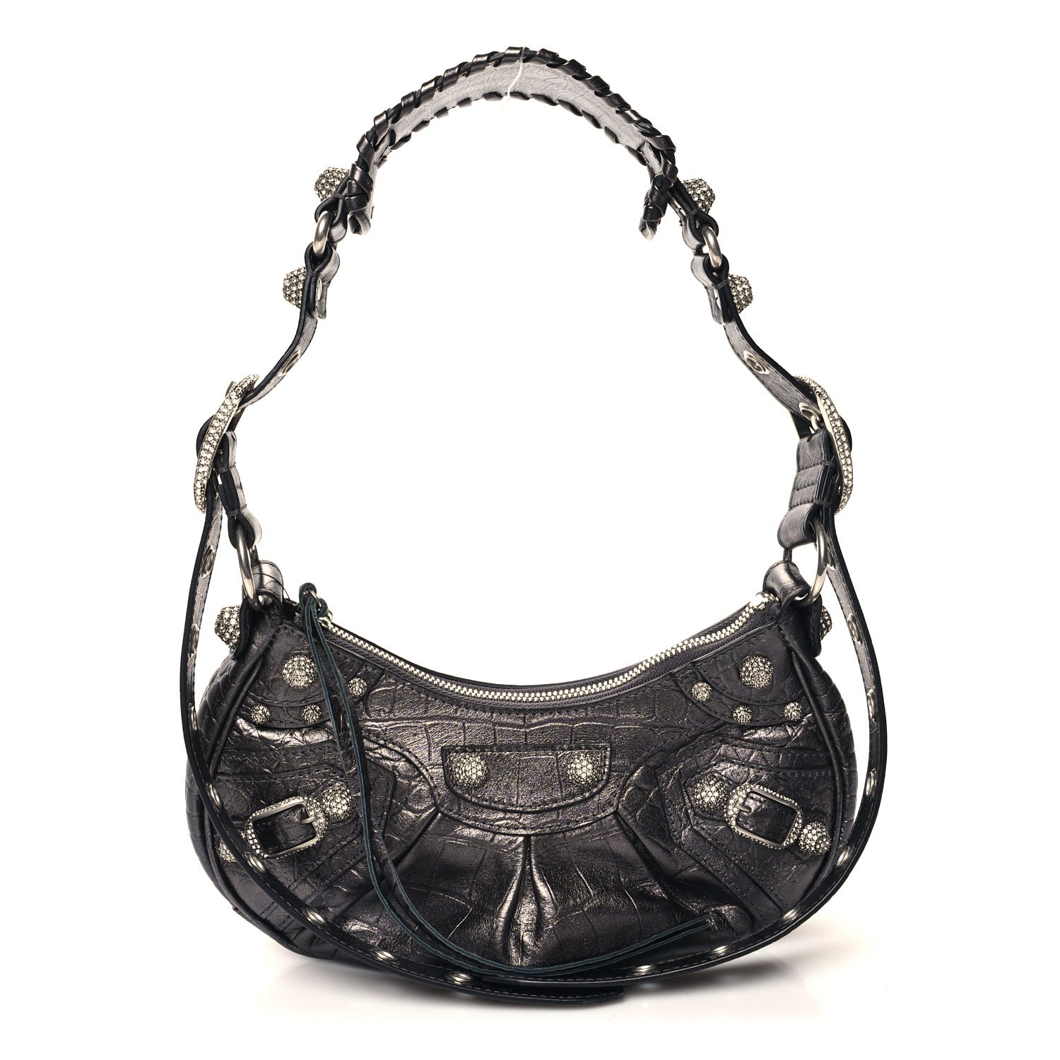 Balenciaga Extra Supple Calfskin Crystal Crocodile Embossed Le Cagole Shoulder Bag XS Gunmetal 1 of 11