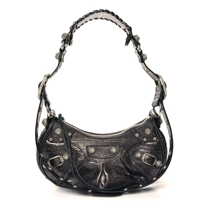 Balenciaga Extra Supple Calfskin Crystal Crocodile Embossed Le Cagole Shoulder Bag XS Gunmetal 1 of 11