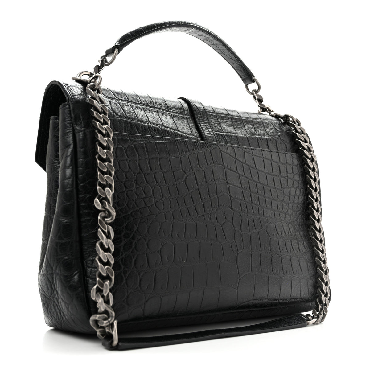 Calfskin Crocodile Embossed Monogram Large College Satchel Black