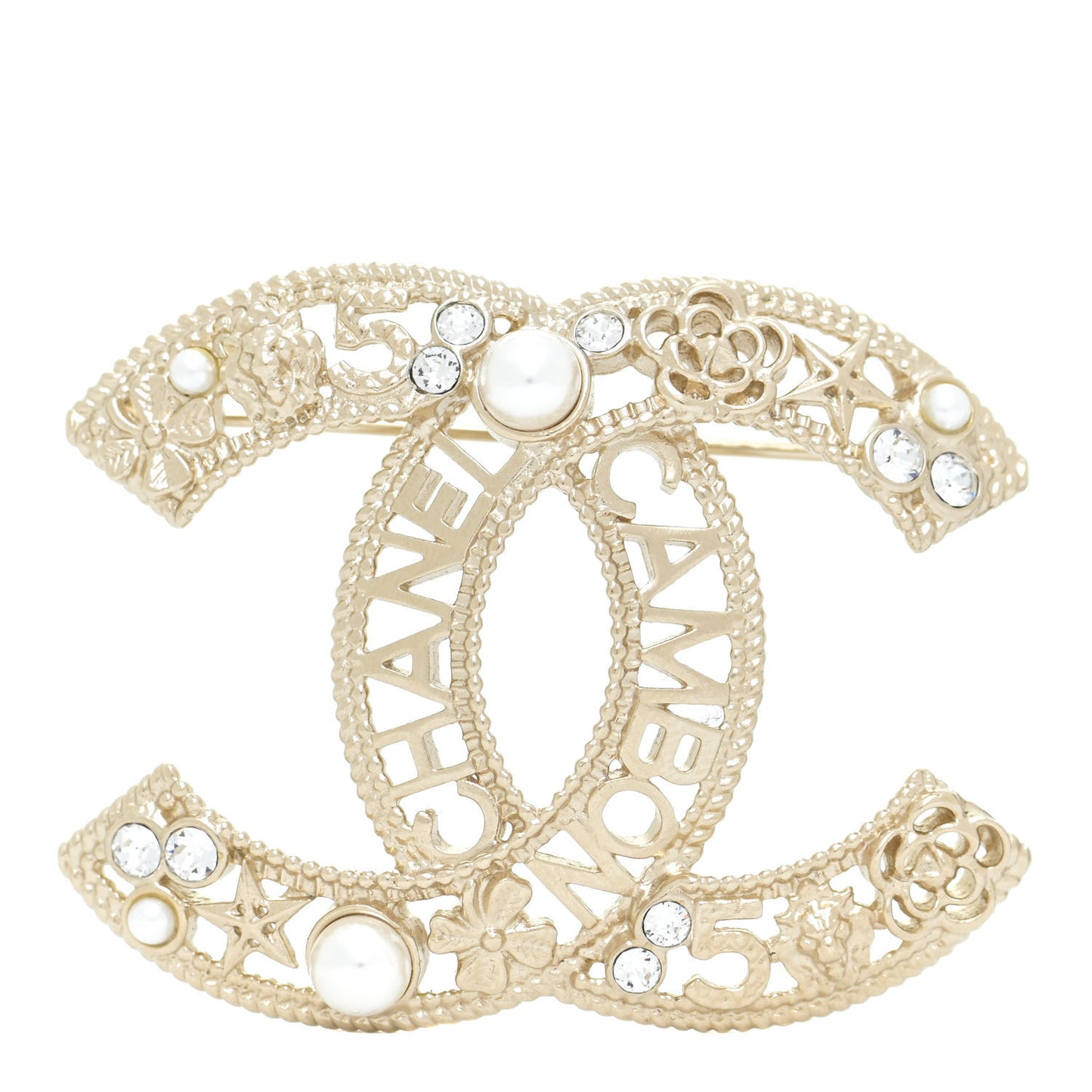 Crystal Pearl Chanel Charms CC Logo Brooch Gold