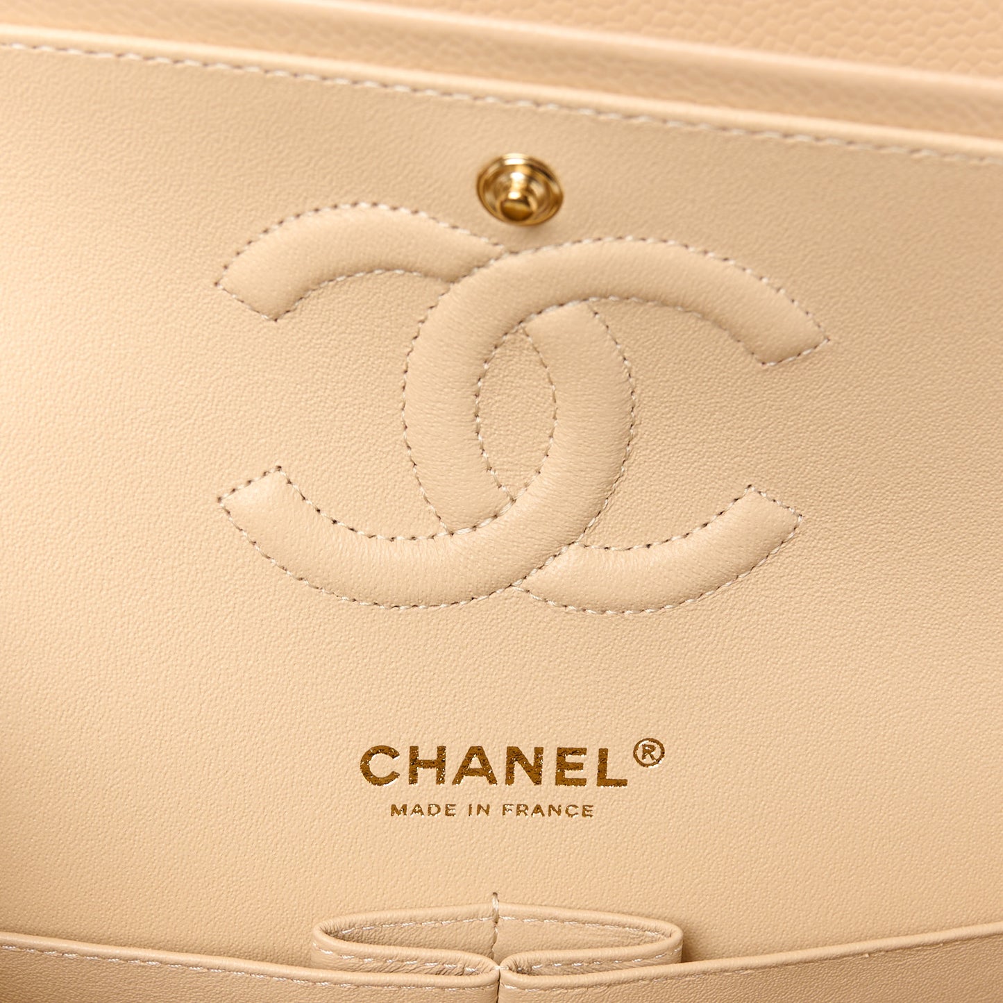 Caviar Quilted Medium Double Flap Beige
