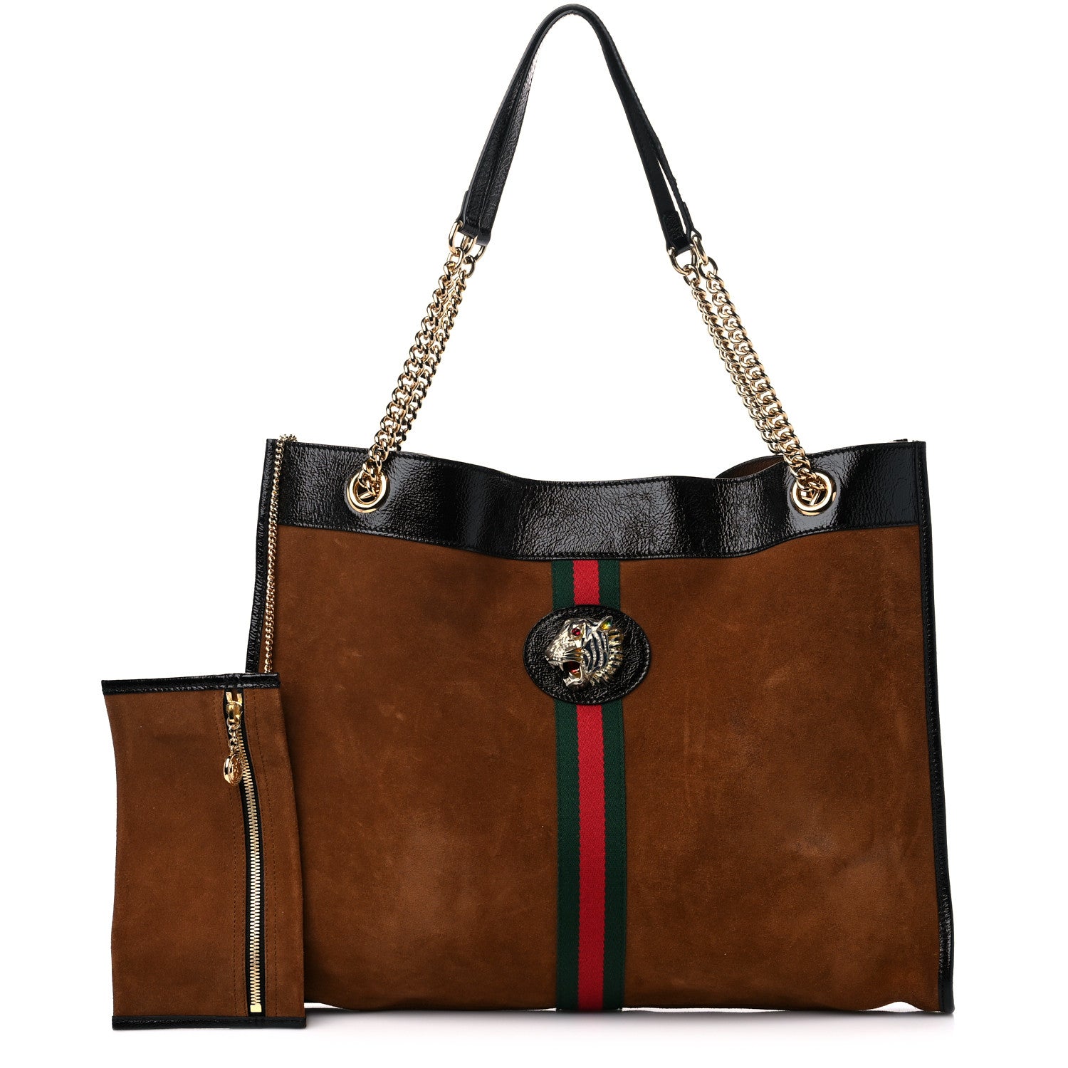 Gucci Suede Patent Large Rajah Chain Tote Nocciola Black 1 of 15