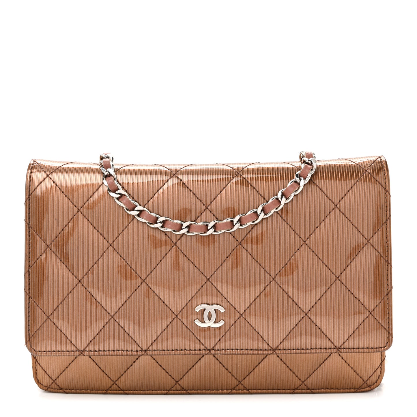 Metallic Striated Patent Quilted Wallet on Chain WOC Bronze