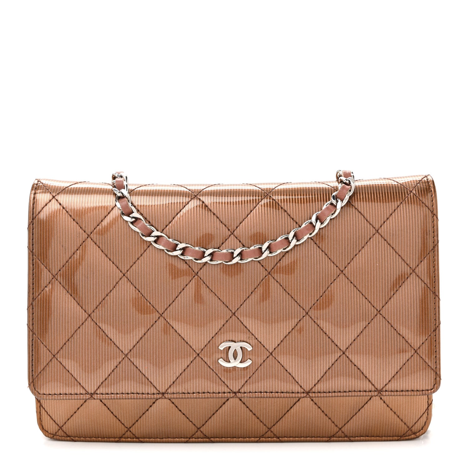 Chanel Metallic Striated Patent Quilted Wallet on Chain WOC Bronze 1 of 10