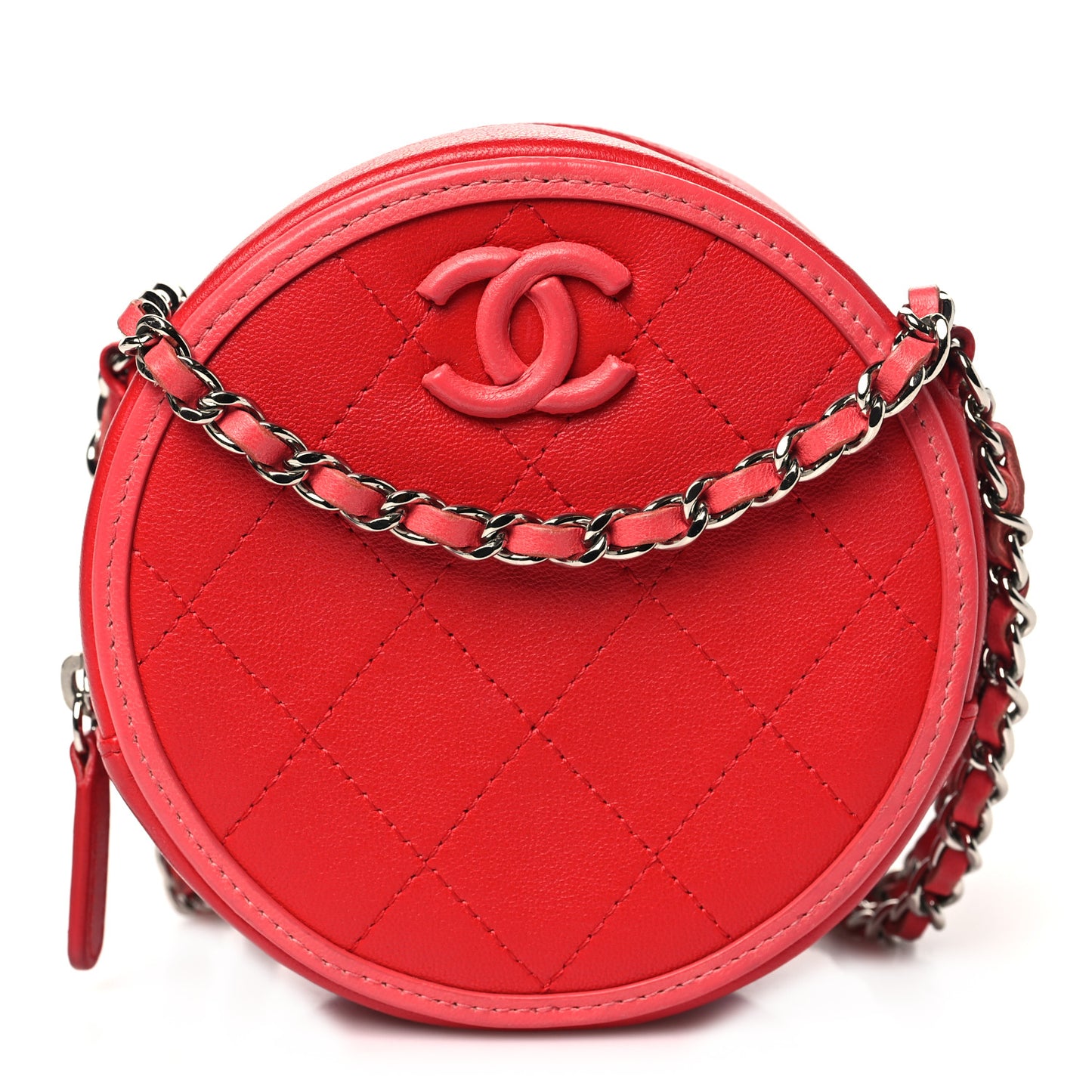 Calfskin Quilted Bi-Color CC Round Clutch With Chain Pink Red