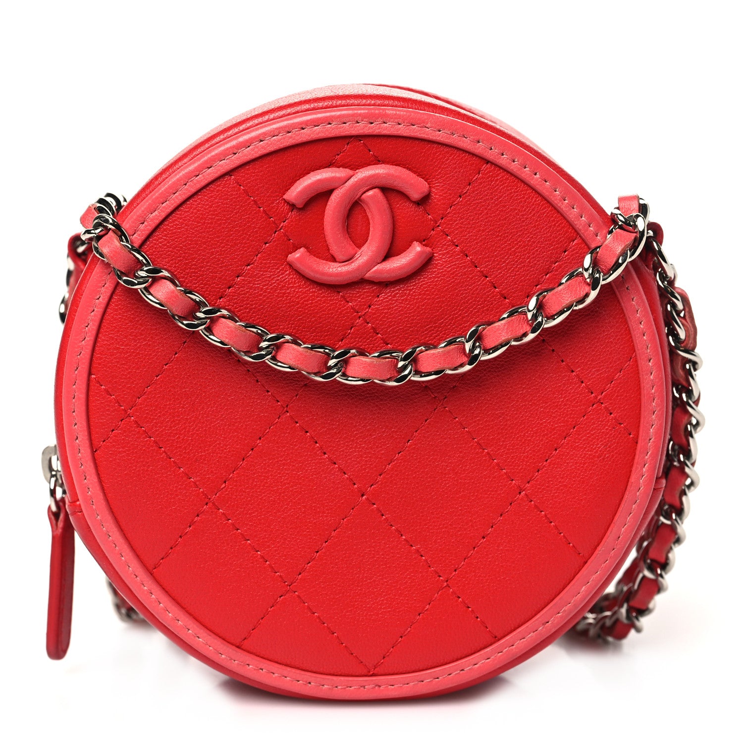 Chanel Calfskin Quilted Bi-Color CC Round Clutch With Chain Pink Red 1 of 11