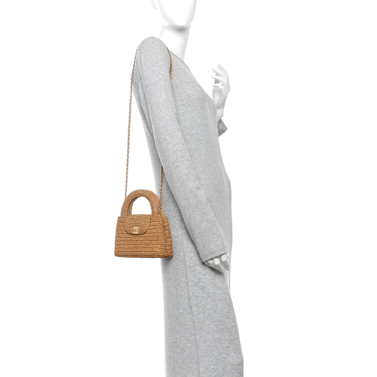 Braided Raffia Nano Kelly Flap Bag Dark Beige