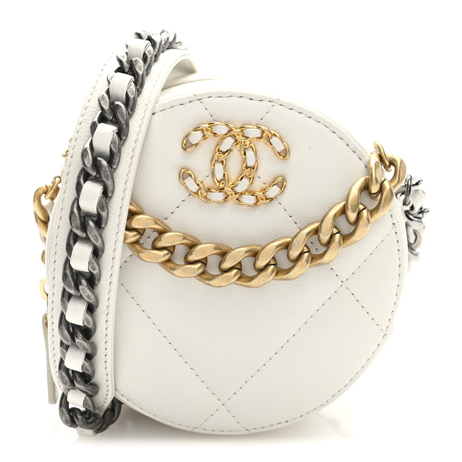 Chanel Shiny Goatskin Quilted Chanel 19 Round Clutch With Chain White 1 of 10