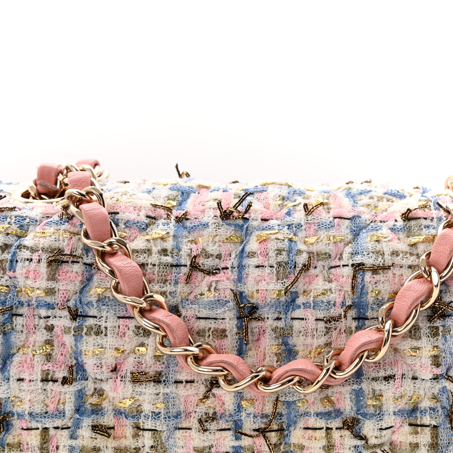 Tweed Quilted Mini Rectangular Flap Light Blue Pink Gold White