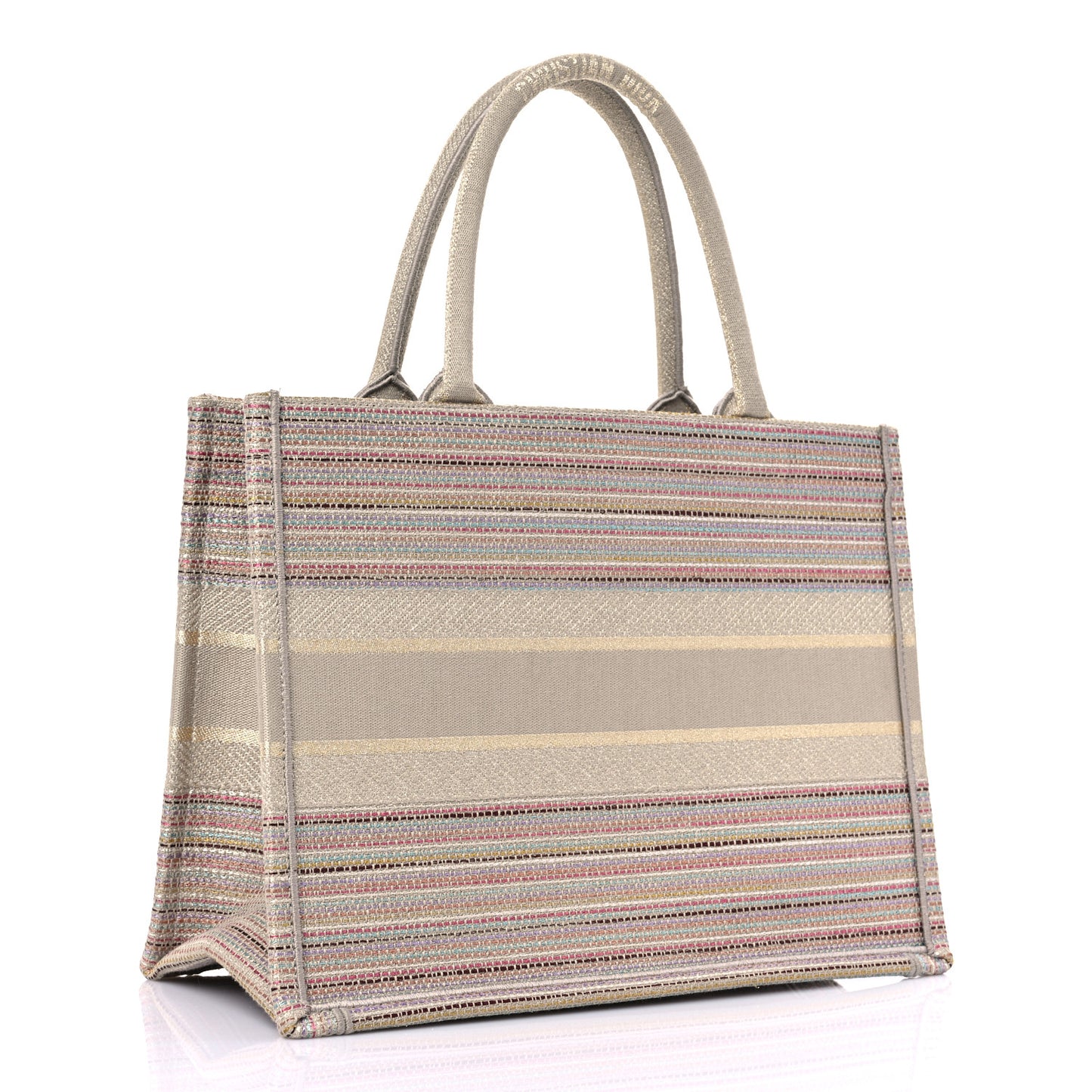 Canvas Embroidered Medium Stripes Book Tote Beige Multicolor