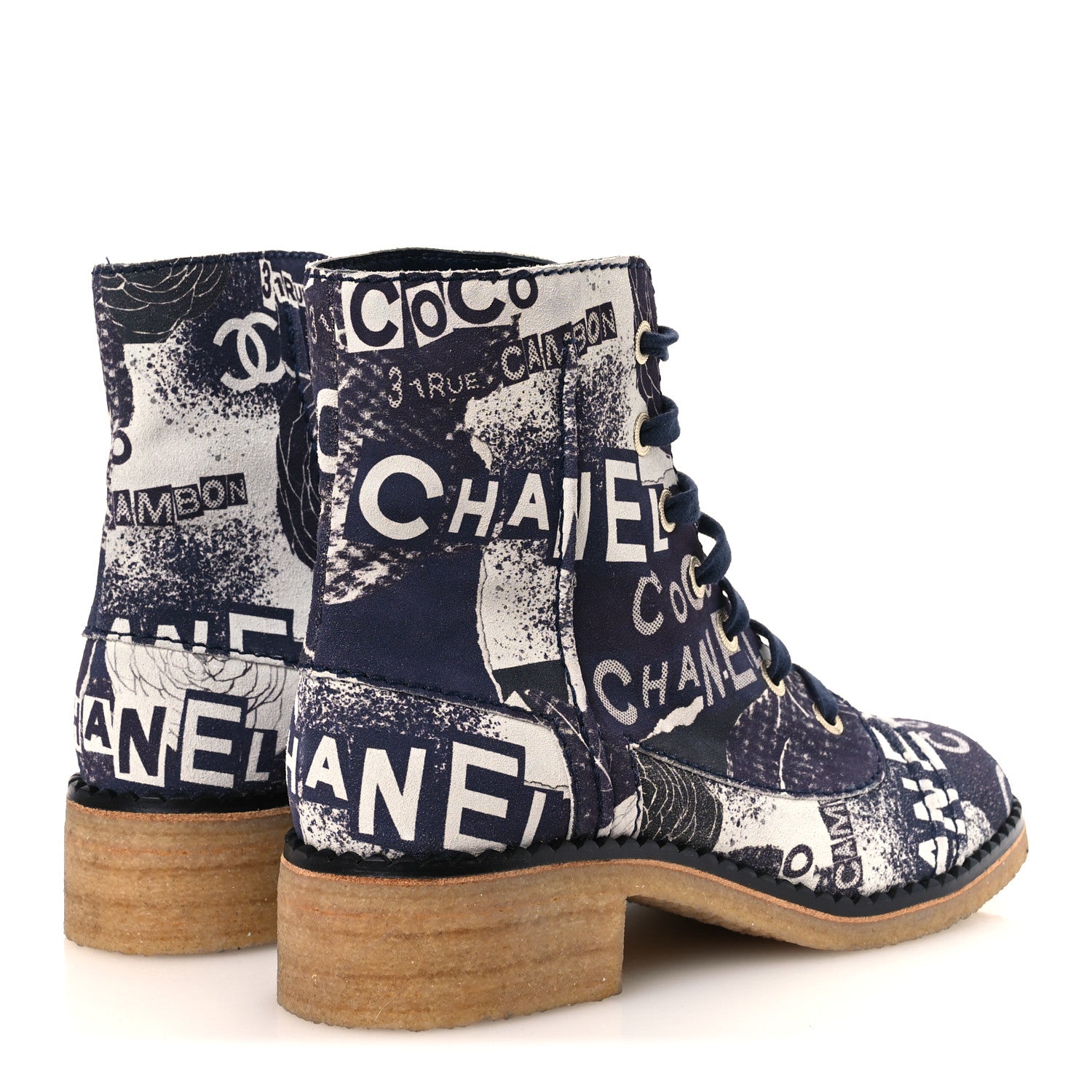 Chanel Suede Calfskin Printed CC 31 Rue Cambon Lace Up Combat Boots 39.5 White Navy 5 of 12