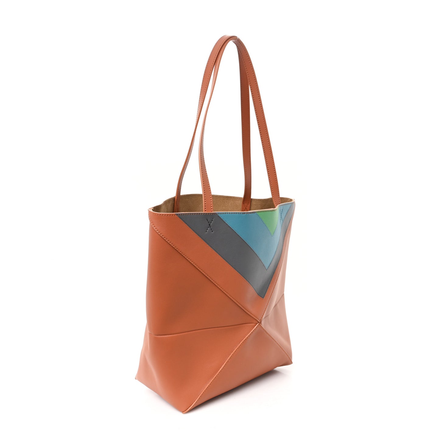 x Albers Calfskin Medium Puzzle Fold Tote Caramel Bright Green