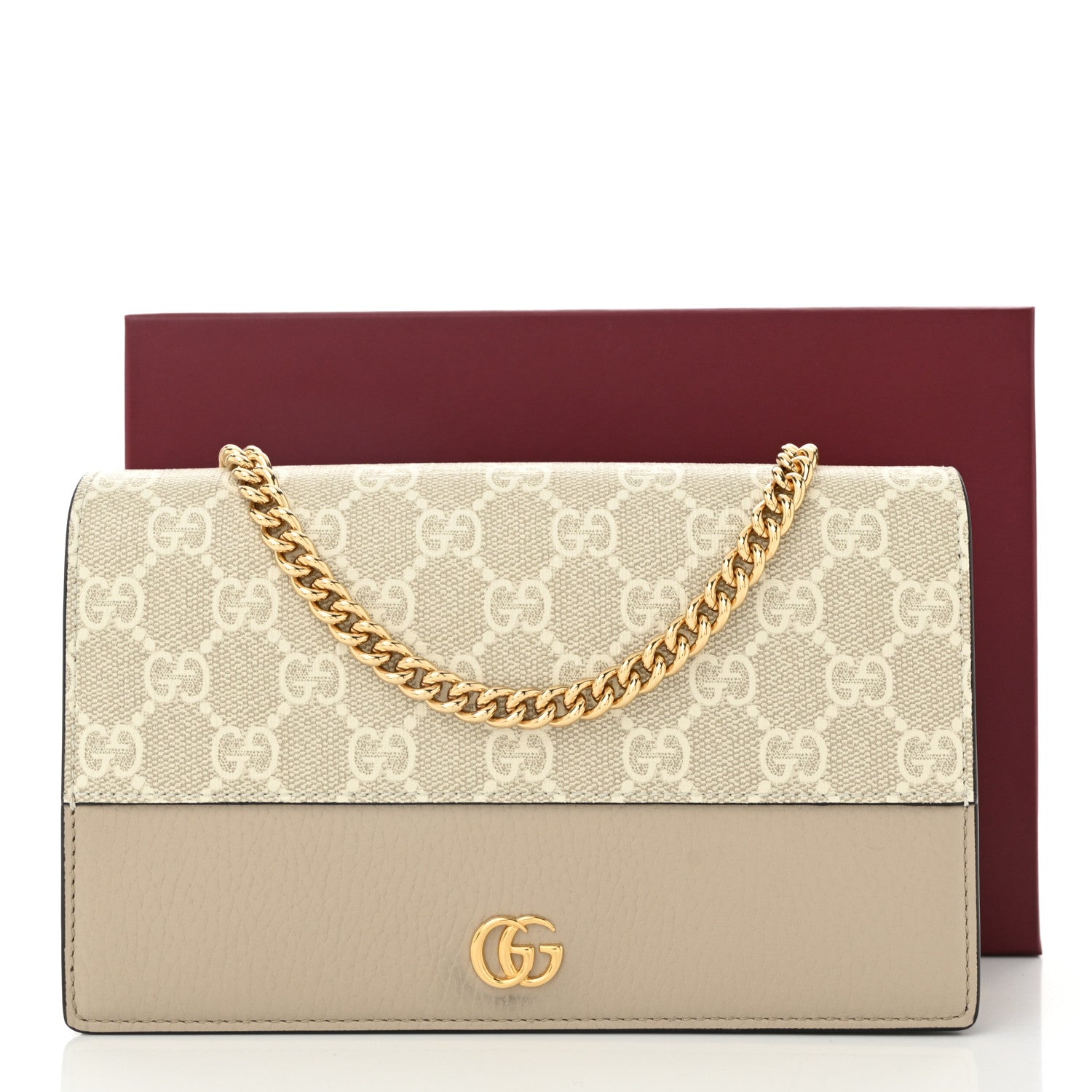 Gucci GG Supreme Monogram Textured Dollar Calfskin Mini GG Marmont Chain Wallet Mystic White Oatmeal 10 of 10