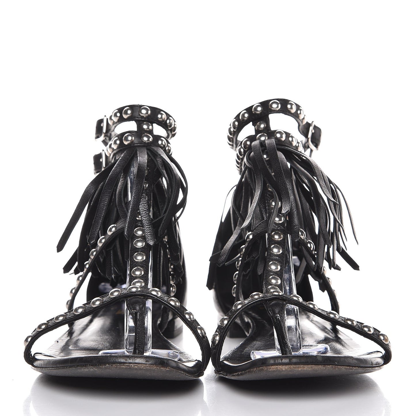 Calfskin Studded Fringe Cyuko Sandals 37.5 Black
